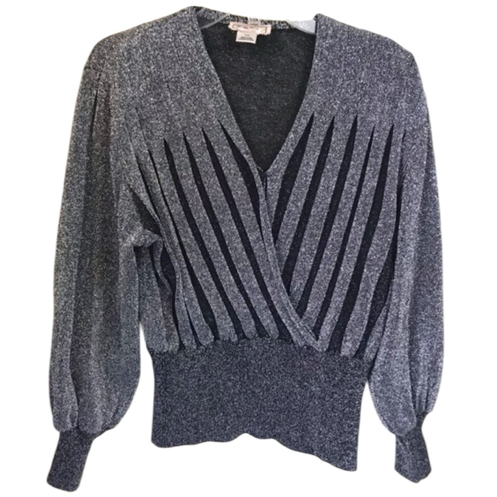 MAGLIFICIO EMMA Vintage ‘80s Metallic Ribbed Puff Sleeves Sweater Faux Wrap Top